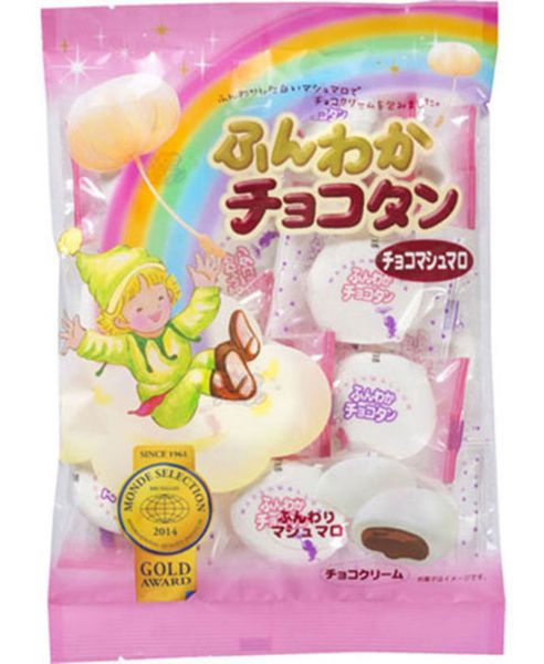 【ふんわかチョコタン】チョコクリームをふわふわのマシュマロで包んだお菓子です。2014年度モンドセレクション金賞受賞。※合成着色料、合成保存料は使用しておりません。※製品の仕様は予告なく変更になる場合がございます。ご了承下さい。【商品内容】チョコマシュマロ110g(基準個数:18個)【原材料名】砂糖、水飴、植物油脂、ゼラチン、コーンスターチ、デキストリン、脱脂粉乳、ココアパウダー、全粉乳、乳糖、食物繊維(難消化性デキストリン)、ココアバター、カカオマス、クリームパウダー(乳製品)、アーモンド、食塩、ソルビトール、卵殻カルシウム、乳化剤、香料、(原材料の一部に大豆を含む)【アレルギー】アレルギー表示特定原材料： 卵、乳