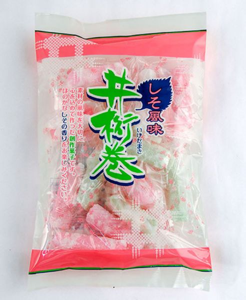 【井桁巻（いげたまき）】酸味のあるペクチンゼリーにしその香りをつけました。最中種でくるみ、すり蜜にまぶしました。サクッとした歯ざわりをお楽しみください。表面の皮の井桁の模様が名前の由来です。